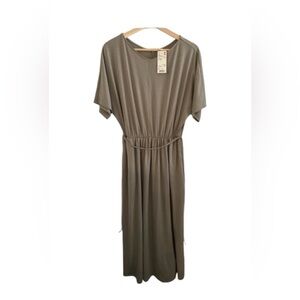 NEW Uniqlo Waist Gather Half Sleeve Midi Dress Taupe Gray Jersey Casual Small